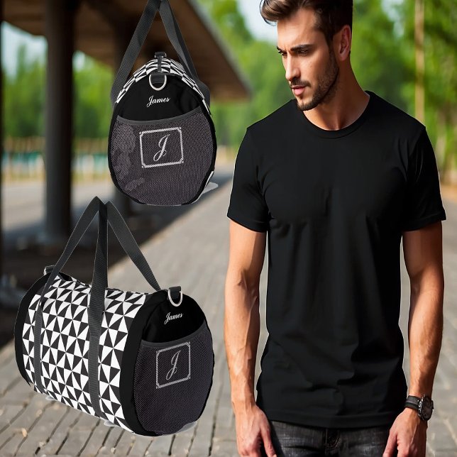 Soccer Boys Geometric Pattern White Black Monogram Duffle Bag (Soccer Boys Geometric Pattern White Black Monogram Duffle Bag)