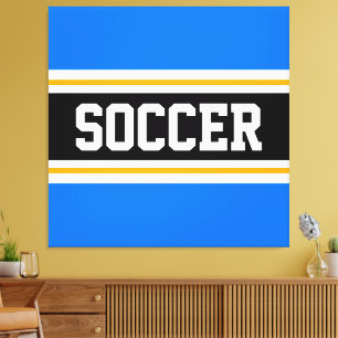 SOCCER Bright Blue Black White Yellow Stripes Canvas Print