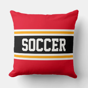 SOCCER Bright Red Yellow Black Athletic Stripes Throw Pillow