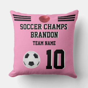 soccer champs pink player team photo personalized throw pillow