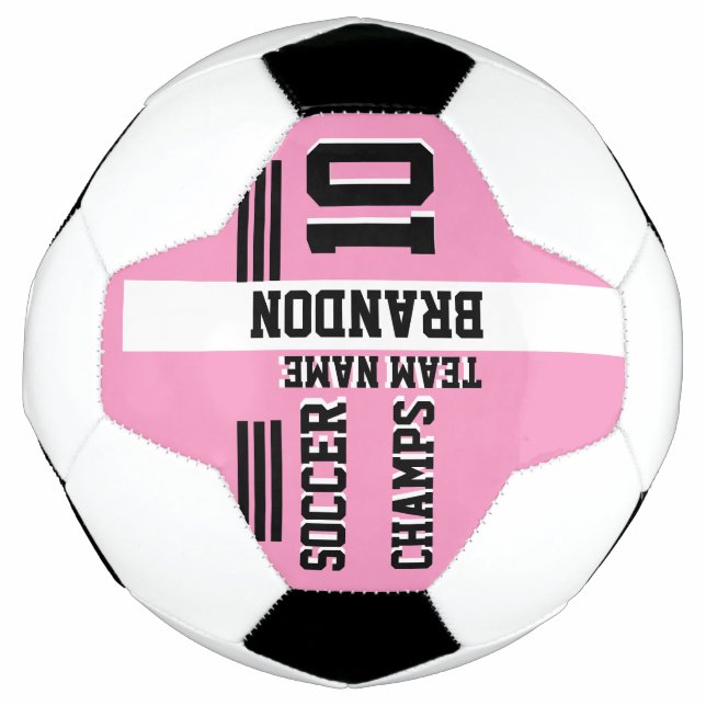 soccer champs pink white personalized sport player soccer ball (Front)