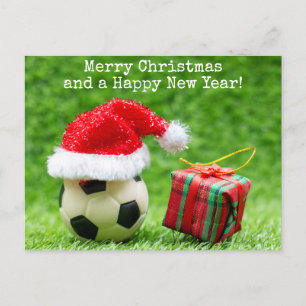 Soccer Christmas Holiday with Santa hat and gifts  Postcard