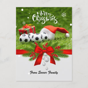 Soccer Christmas Holiday with Santa hat red ribbon Postcard