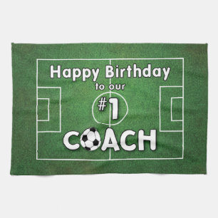 Soccer Coach Birthday with Grass Field and Ball Kitchen Towel