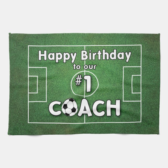 Soccer Coach Birthday with Grass Field and Ball Kitchen Towel (Horizontal)