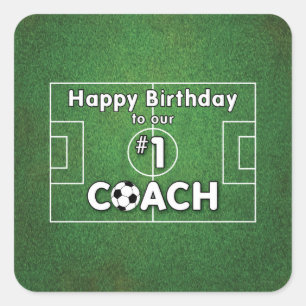 Soccer Coach Birthday with Grass Field and Ball Square Sticker