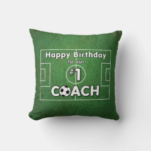 Soccer Coach Birthday with Grass Field and Ball Throw Pillow