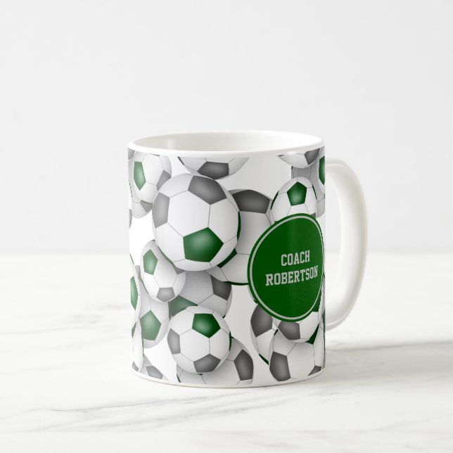 soccer coach gift w custom name green grey coffee mug (Front Right)