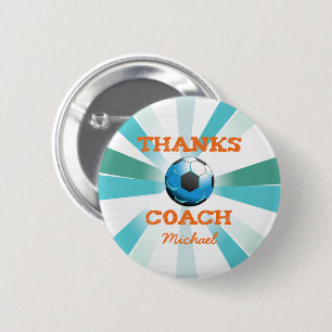 Soccer Coach Thanks, Orange on Teal, Blue Starburs 2 Inch Round Button