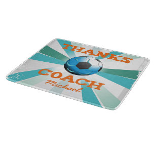Soccer Coach Thanks, Orange on Teal, Blue Starburs Cutting Board