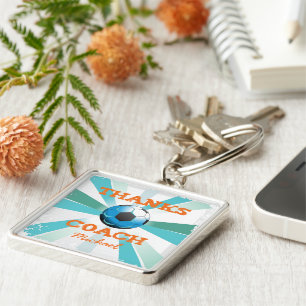 Soccer Coach Thanks, Orange on Teal, Blue Starburs Keychain