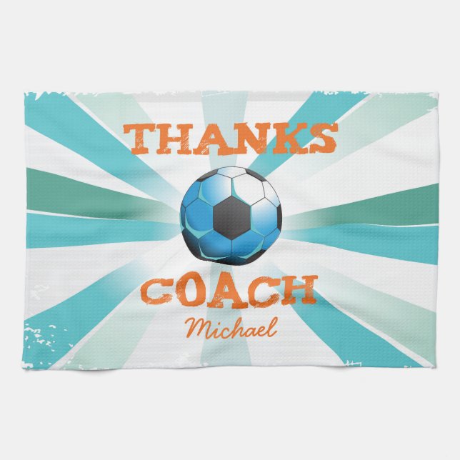 Soccer Coach Thanks, Orange on Teal, Blue Starburs Kitchen Towel (Horizontal)
