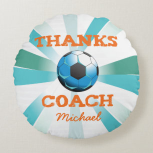 Soccer Coach Thanks, Orange on Teal, Blue Starburs Round Pillow