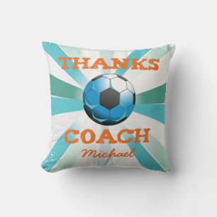 Soccer Coach Thanks, Orange on Teal, Blue Starburs Throw Pillow