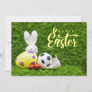 Soccer Easter holiday greeting player with ball