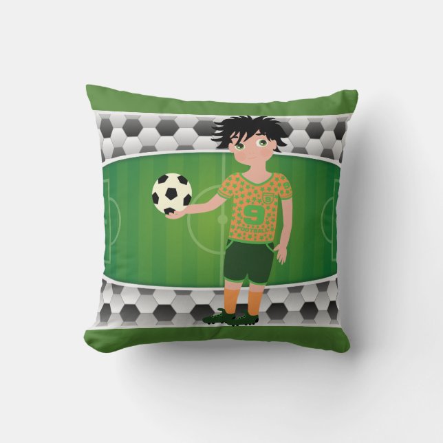 Soccer Field And Balls With Boy Holding Ball Throw Pillow (Front)