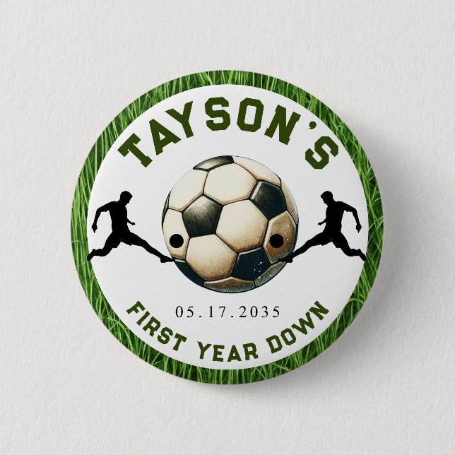 Soccer First Year Down 1st Birthday 2 Inch Round Button (Front)