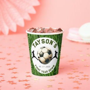 Soccer First Year Down 1st Birthday Paper Cups