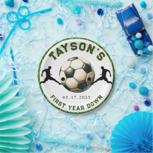 Soccer First Year Down 1st Birthday Paper Plate