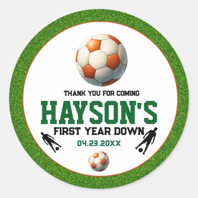 Soccer First Year Down 1st Birthday Party Classic Round Sticker (Front)