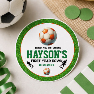 Soccer First Year Down 1st Birthday Party Classic Round Sticker