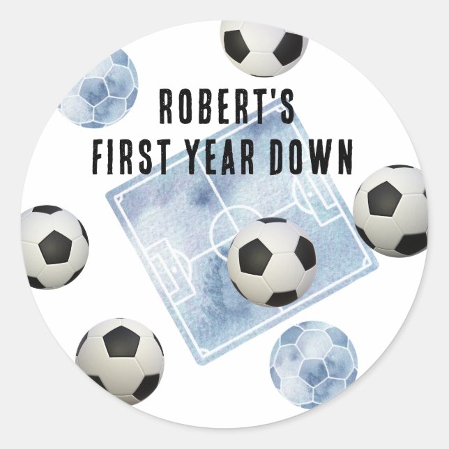 Soccer First Year Down Birthday Party Classic Round Sticker (Front)