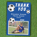 Soccer Football Ball Blue Sports Coach Thank You Card<br><div class="desc">Soccer Football Ball Blue Sports Thank you Coach Card. Soccer thank you coach card with photo, thank you text, coach name, team name, year, your name and soccer balls. Photo thank you card - add your photo to the template. Personalize the card with names and your text. Great thank you...</div>