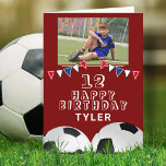 Soccer Football Ball Bunting Flags Photo Birthday Card<br><div class="desc">Soccer Football Ball Bunting Flags Photo Birthday Card. The design has two soccer balls and birthday party bunting flags in red,  blue and white colours on red background. Add your photo and personalize it with your name,  age and text. Great for boys and girls who love soccer,  football.</div>