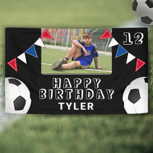 Soccer Football Ball Flags Black Photo Birthday Banner