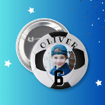 Soccer Football Ball Kids Birthday Age Photo 2 Inch Round Button<br><div class="desc">Soccer Football Ball Kids Birthday Age Photo button.Soccer birthday button with a custom photo. Add your photo,  name and age.</div>