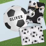 Soccer Football Ball Pattern Kids Name Birthday Wrapping Paper Sheet<br><div class="desc">Soccer Football Ball Pattern Kids Name Birthday Wrapping Paper Sheets. Blue,  black and white background. Personalize with your name or erase the text.</div>