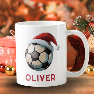 Soccer Football Ball Red Santa Hat Name Christmas  Coffee Mug