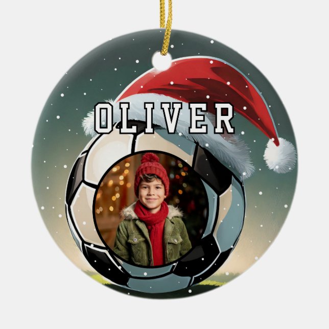 Soccer Football Ball Santa Hat Christmas Photo  Ceramic Ornament (Front)