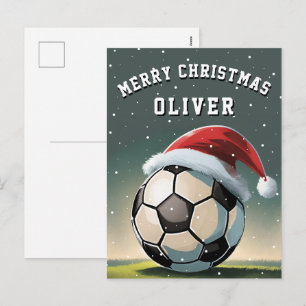 Soccer Football Ball Santa Hat Merry Christmas  Holiday Postcard