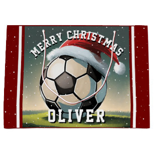 Soccer Football Ball Santa Hat Name Christmas  Large Gift Bag