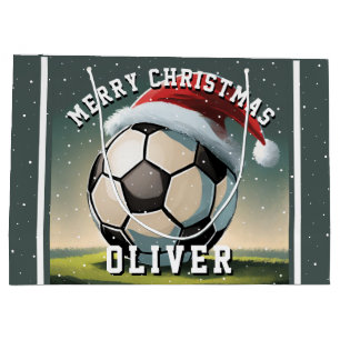 Soccer Football Ball Santa Hat Name Christmas  Large Gift Bag