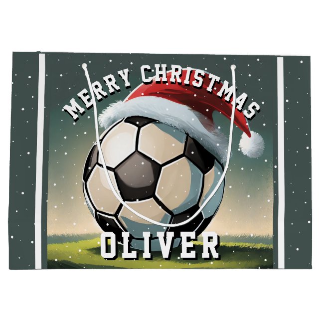 Soccer Football Ball Santa Hat Name Christmas  Large Gift Bag (Back)