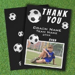 Soccer Football Ball Sports Thank you Coach<br><div class="desc">Black and White Soccer Football Ball Sports Thank you Coach. Soccer thank you coach card with photo, thank you text, coach name, team name, year, your name and soccer balls. Photo thank you card - add your photo to the template. Personalize the card with names and your text. Great thank...</div>