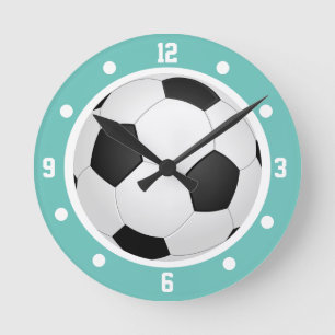 Soccer Football Ball Teal Blue Black and White Round Clock