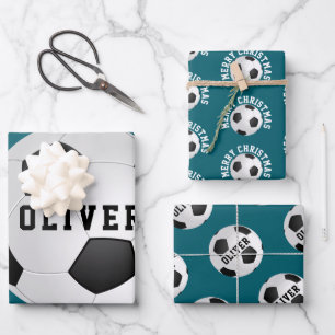 Soccer Football Balls Kids Name Christmas Wrapping Paper Sheet