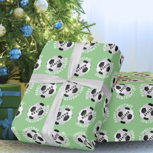 Soccer Football Balls Kids Name Green Christmas Wrapping Paper