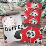 Soccer Football Balls Kids Name Red Christmas Wrapping Paper Sheet<br><div class="desc">Soccer Football Balls Kids Name Red Christmas Wrapping Paper Sheets. Personalize with your name. You can change the text Merry Christmas.</div>