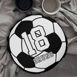 Soccer Football Black & White Name & Jersey Number Round Pillow