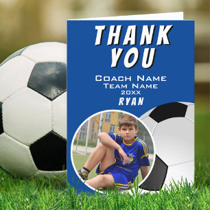 Soccer Football Coach Soccer Ball Blue Photo Thank You Card
