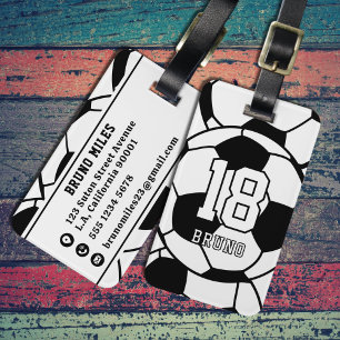 Soccer Football Name & Jersey Number Black & White Luggage Tag