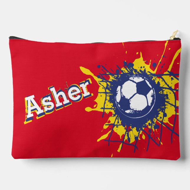 Soccer football net boys name red pencil case or accessory pouch (Back)