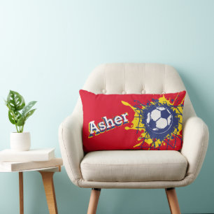 Soccer football red splat boys name  lumbar pillow