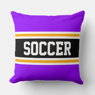 SOCCER Fun Bright Purple Black Athletic Stripes Throw Pillow