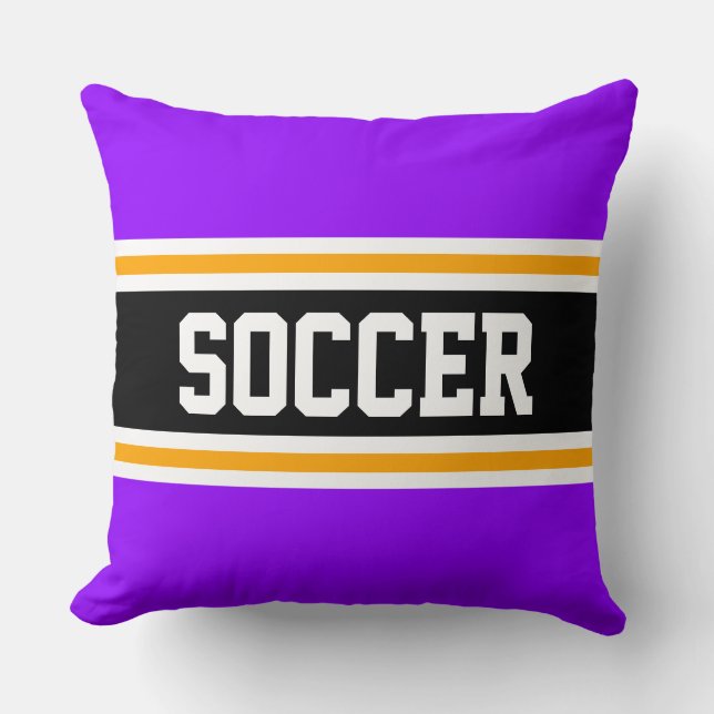 SOCCER Fun Bright Purple Black Athletic Stripes Throw Pillow (Front)