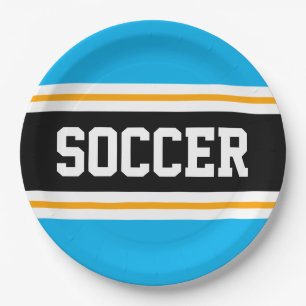 SOCCER Fun Sky Blue Black Yellow Racing Stripes Paper Plate